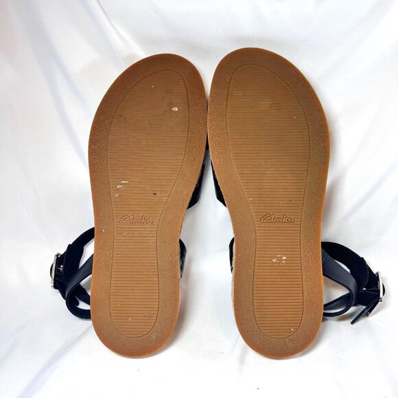 Clarks Women's 1 " Wedge Cork Leather Around Ankle Sandals-Size 8 1/2-Black/Tan - Picture 14 of 16